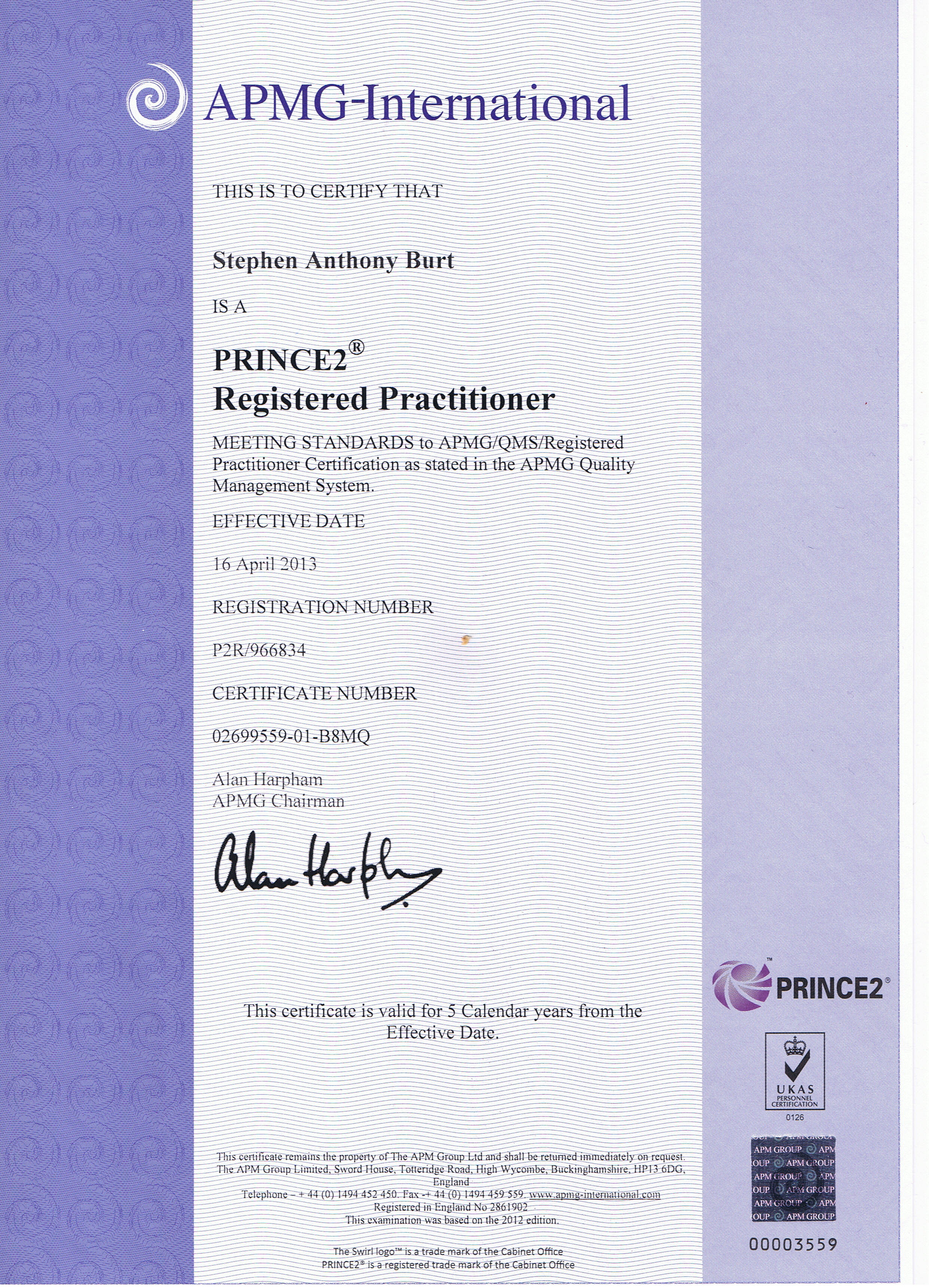 PRINCE2 Certificate Pipeline Construction Management Ltd